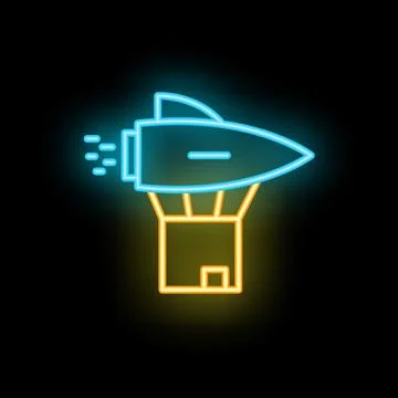 Neon rocket taking off from launch pad with smoke Stock Illustration