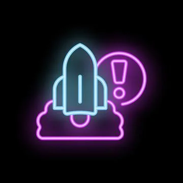 Neon rocket taking off showing warning sign on black background Stock Illustration