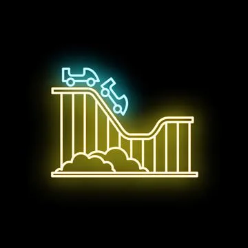Neon roller coaster ride glowing in dark amusement park Stock Illustration