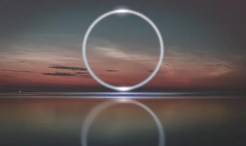 Neon round frame on the background of the evening landscape. 80s Retro Sci-Fi Stock Illustration
