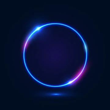 Neon round frame with lights on a dark blue background. Stock Illustration