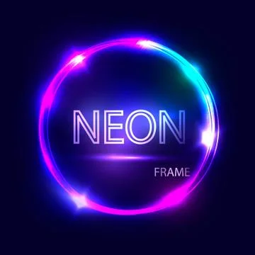 Neon round glowing frame. Electric circle on dark background. Light banner. Stock Illustration
