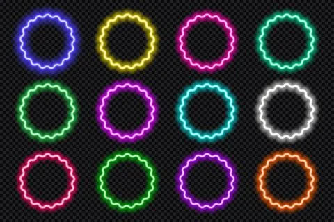Neon round scallop border frames set. Glowing coloful flower button. Geometric Stock Illustration