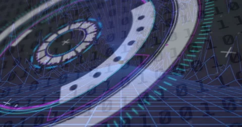 Neon round scanner against binary coding data processing on blue background Stock Footage 148889428