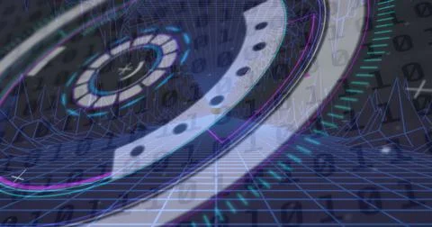 Neon round scanner against binary coding data processing on blue background 스톡 일러스트