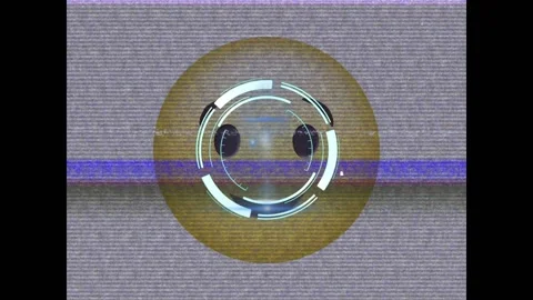 Neon round scanner and tv static effect over winking face emoji on white Stock Footage 330412101