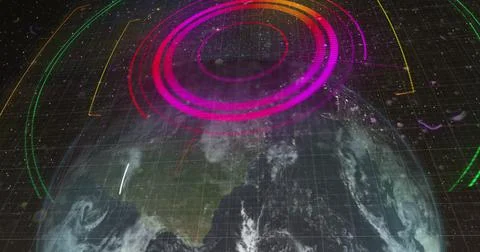 Neon round scanner over grid network against spinning globe on black background Illustrazione stock