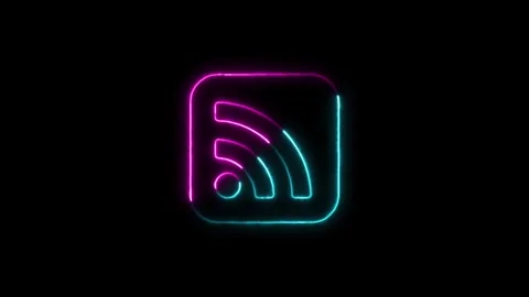 Neon rss feed icon on black background a rounded square representing an glows Vídeo Stock 334735643