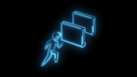 Neon runner navigating through data panels abstract representation on dark .. Stock Footage 312330722