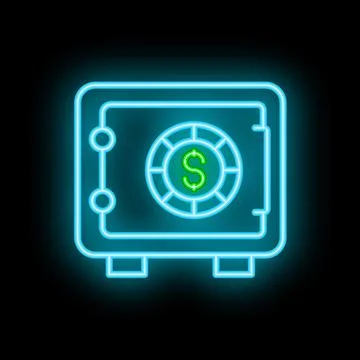 Neon safe glowing on black background representing security Stock Illustration