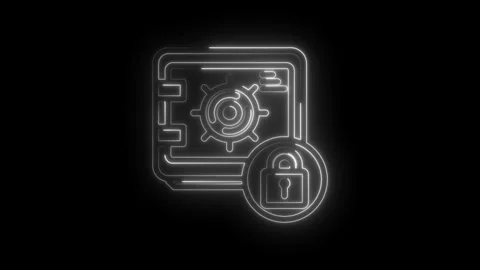 Neon safe icon with lock symbol glowing on black background digital securit.. Stock Footage 346139761