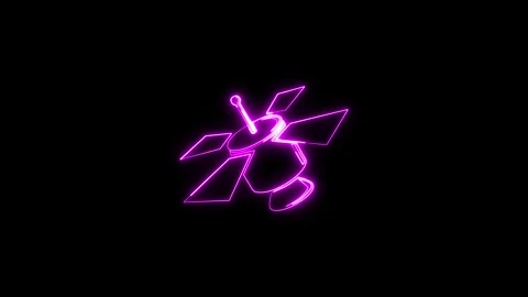 Neon satellite icon floating in void with glowing purple outline. 動画素材 337081965