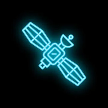 Neon satellite icon orbiting earth spreading its blue light Stock Illustration
