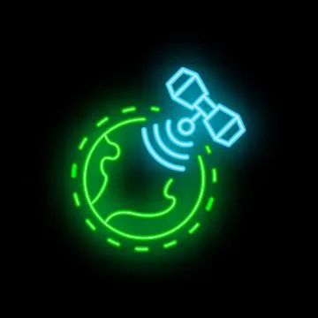 Neon satellite orbiting earth transmitting signal icon Stock Illustration