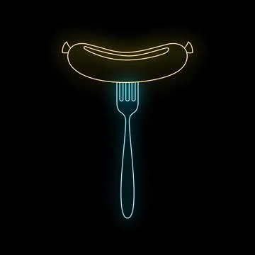 Neon sausage on fork glowing line icon Stock Illustration