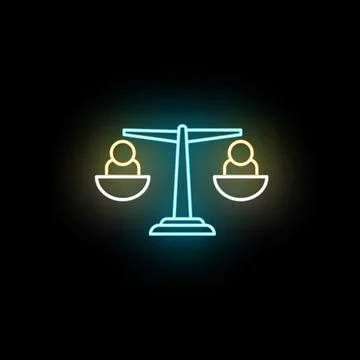 Neon scale weighing human figures representing equality Stock Illustration