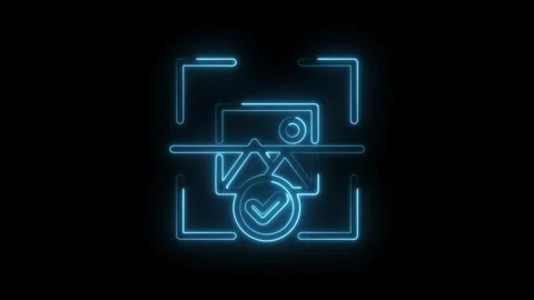 Neon scan frame with landscape image and check mark icon glowing blue on black Stock Footage 333952526