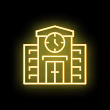 Neon school building clock tower facade icon Stock Illustration