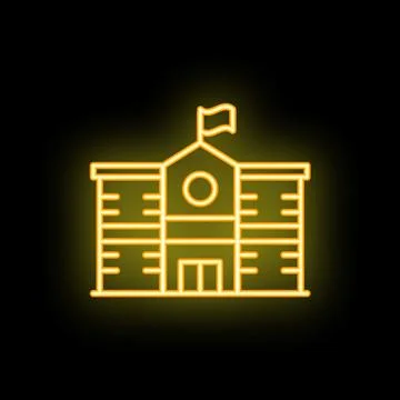 Neon school building icon with flag on dark background Ilustración de archivo