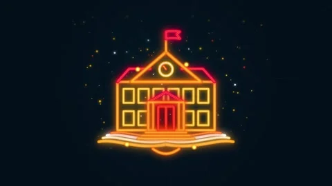 Neon school building icon glowing on book pages with magical particles on d.. Stock Footage 345127615
