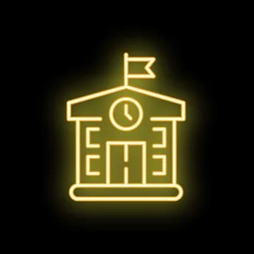 Neon school building icon glowing on dark background Ilustración de archivo