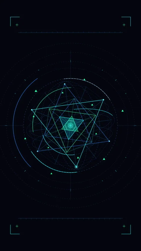 Neon sci-fi cyber HUD loop with glowing geometric tech hologram grid Stock Footage 346642098