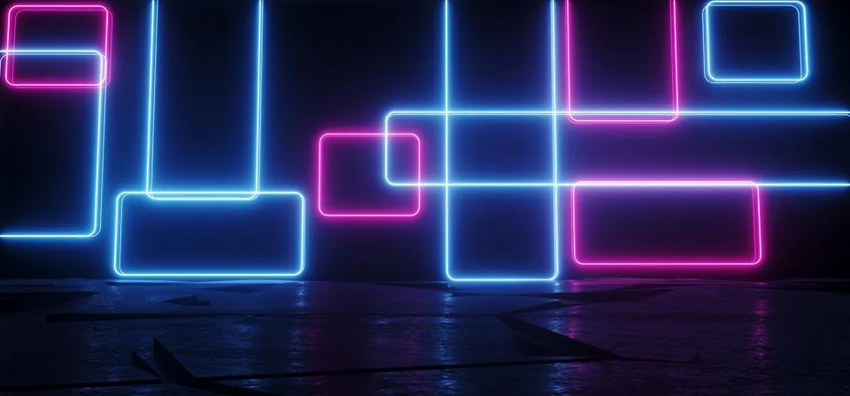 Neon Sci Fi Retro Modern Tunnel Corridor Vibrant Purple Blue Rectangle Shapes 스톡 일러스트