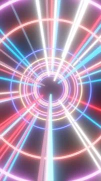 Neon sci-fi tunnel with glowing rings and colorful light beams in pink and .. Stock Illustration
