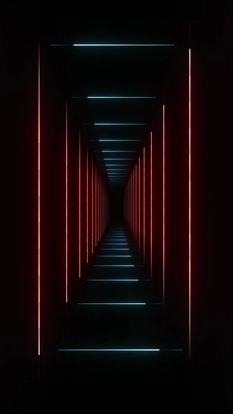 Neon sci fi tunnel red horizontal bars, cyan side lights, black depth, and stron Stock Footage 340564440