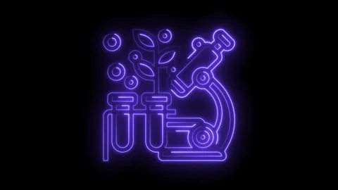 Neon science icon of microscope test tubes and plant on black background Stock Footage 315960541
