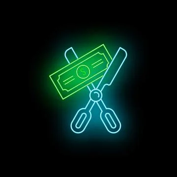 Neon scissors cutting dollar bill symbolizing cost reduction Stock Illustration