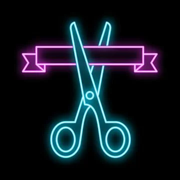 Neon scissors cutting ribbon marking grand opening inauguration Stock Illustration