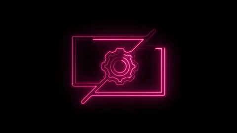 Neon screen with settings and restriction icon glowing against black background Stock Footage 330785416
