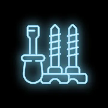 Neon screwdriver standing next to screws on black background Stock Illustration