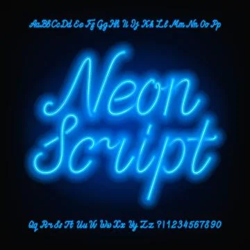 Neon script alphabet font. Blue neon uppercase and lowercase letters. Stock Illustration