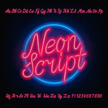Neon script alphabet font. Red neon uppercase and lowercase letters and numbers. Stock Illustration