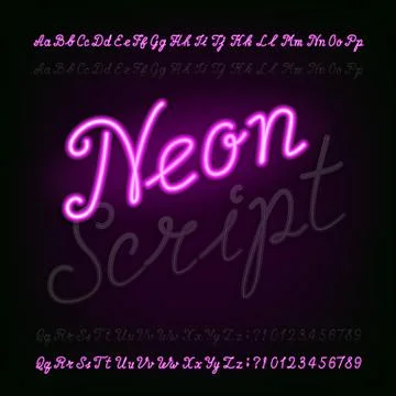 Neon script hand drawn alphabet font. Light turn on and off. Stock Illustration