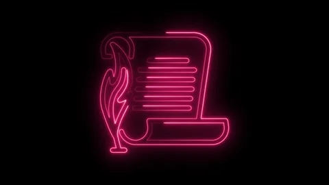 Neon scroll and quill pen animation on black background historical writing Stock Footage 330778060