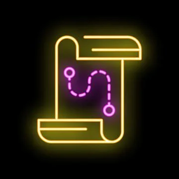 Neon scroll map showing route with pins on black background Stock Illustration