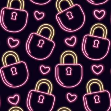 Neon seamless pattern with romantic Valentine's Day themed icons. Stock Illustration