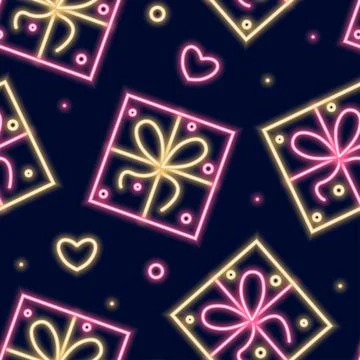 Neon seamless pattern with romantic Valentine's Day themed icons. Stock Illustration