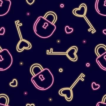 Neon seamless pattern with romantic Valentines Day themed icons. Stock Illustration