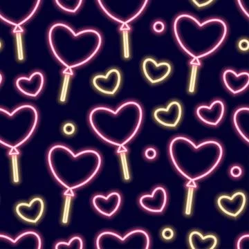 Neon seamless pattern with romantic Valentines Day themed icons. Stock Illustration