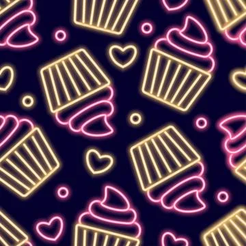 Neon seamless pattern with romantic Valentines Day themed icons. Stock Illustration