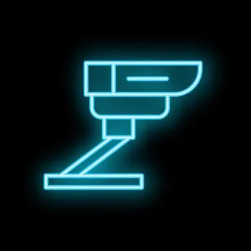Neon security camera icon glowing on dark background Stock Illustration