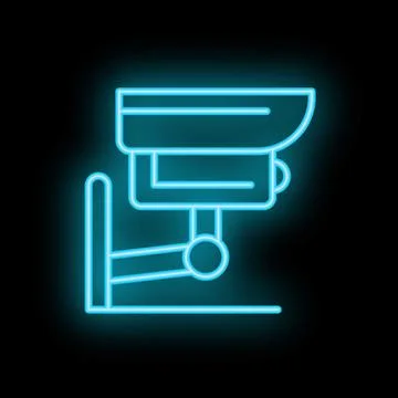 Neon security camera icon glowing on dark background Stock Illustration