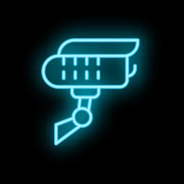 Neon security camera icon glowing on black background Stock Illustration