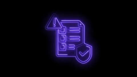Neon security checklist icon with warning sign and shield verified approval.. Stock Footage 346140470