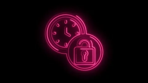 Neon security icon with time concept pink lock and clock glowing against black Stock Footage 330777600