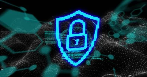 Neon security padlock icon over chemical structures and data processing against イラスト素材